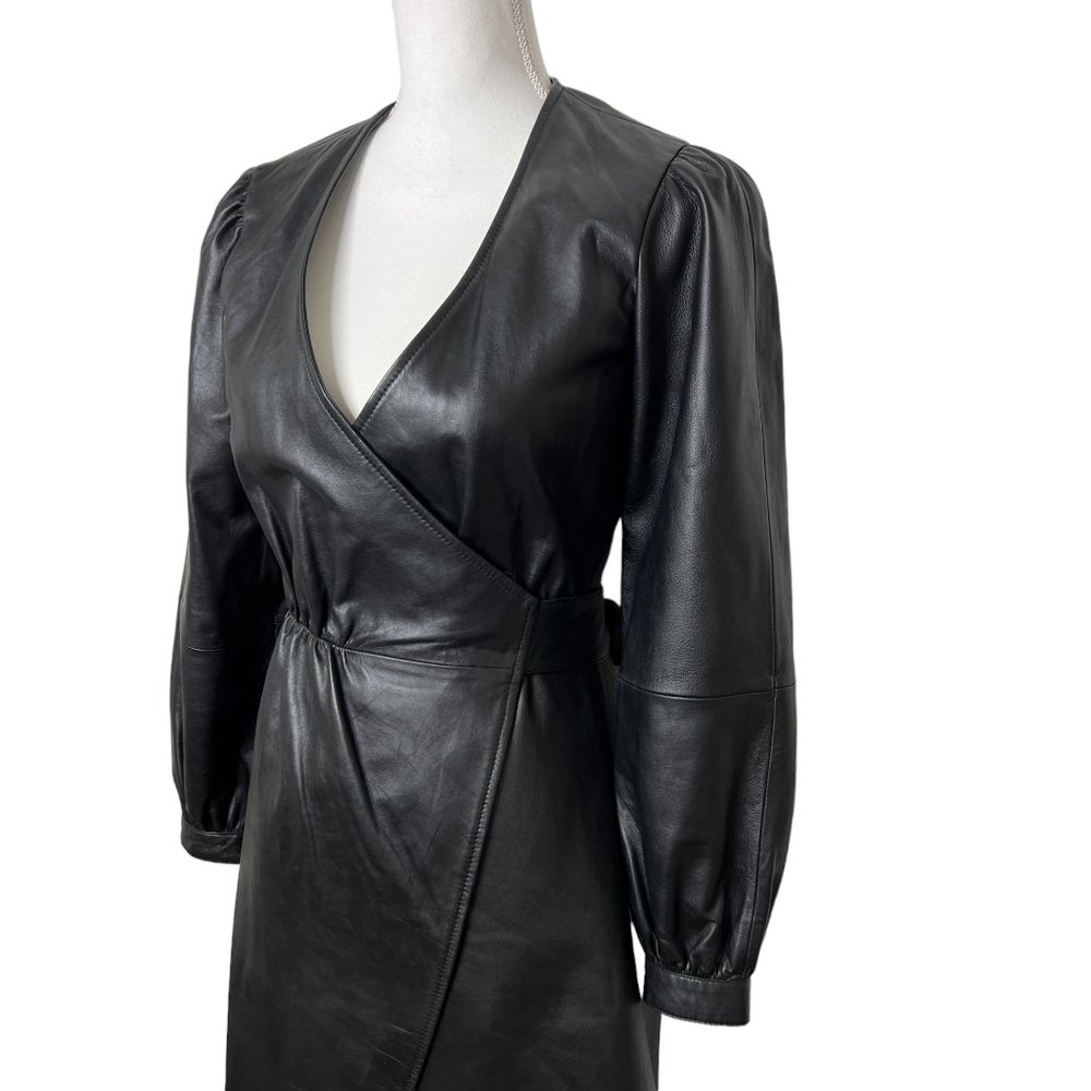 Maje Rosetola Long Sleeve Leather Wrap Dress Black Size 1 - Picture 14 of 17
